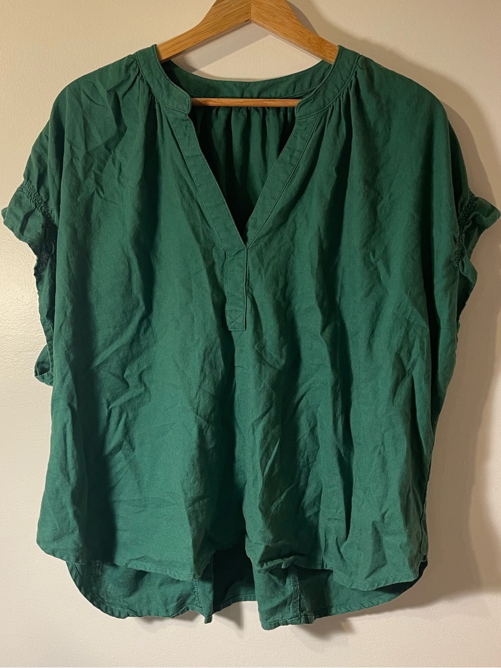 Green Linen Blend Split V-Neck Dolman Short Sleeve Blouse Top XXL